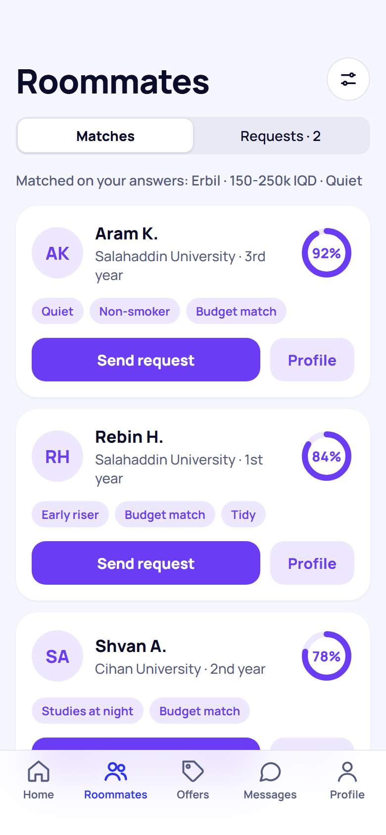 Suggested roommates with how well each one matches